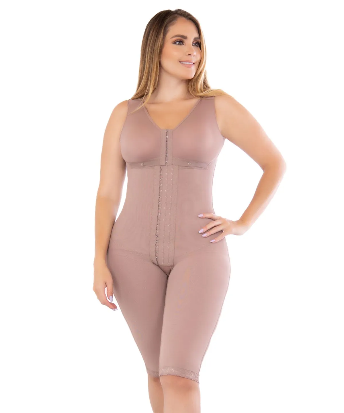 Post-surgical knee-length girdle with bra and high compression clasps