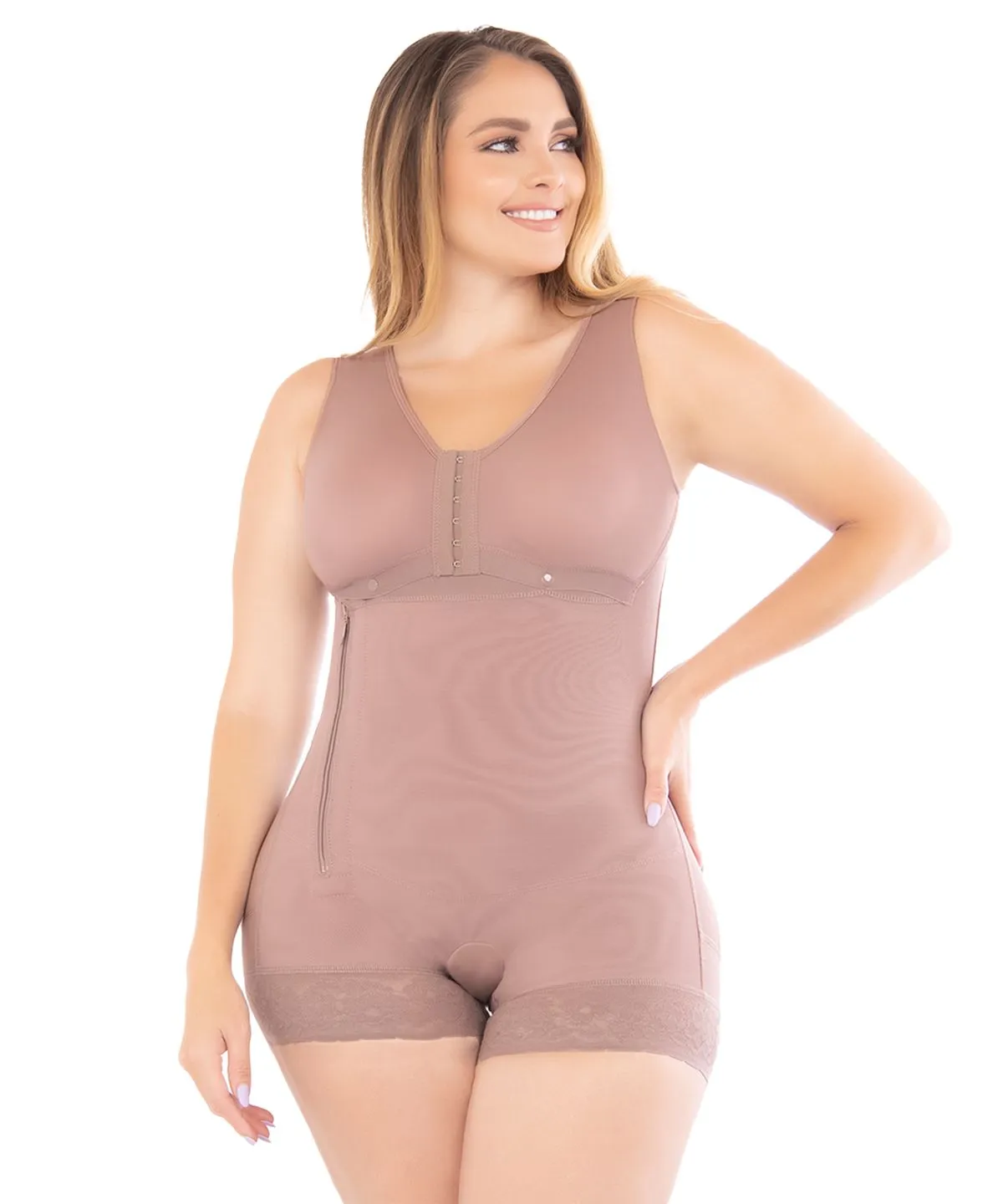 High compression post-surgical girdle with bust support and side closure