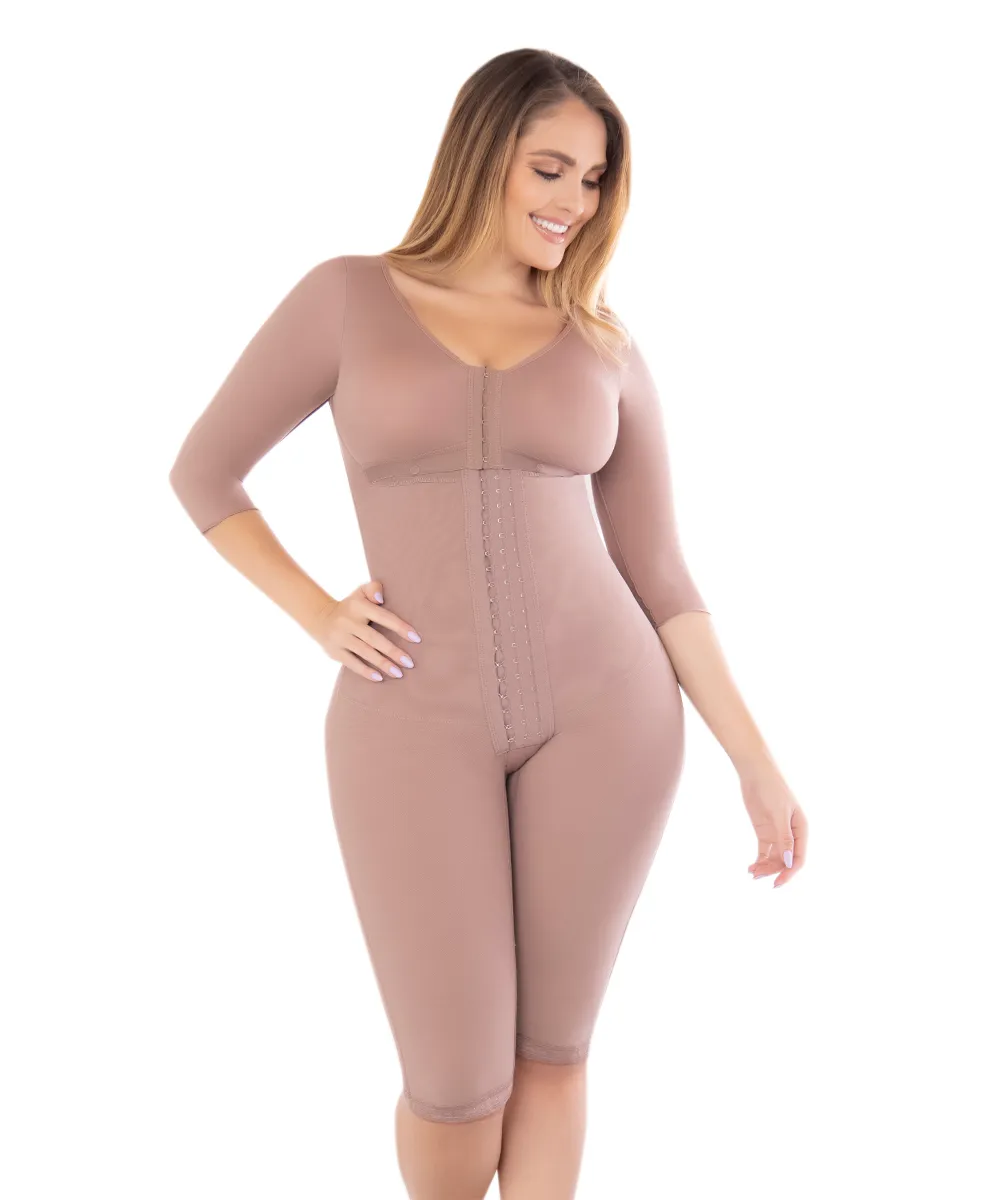 High compression knee-length post-surgical girdle with clasps and abdominal shaping