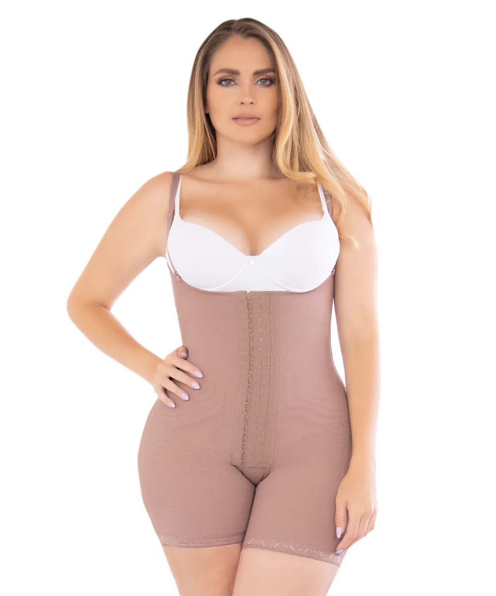 High compression mid-thigh post-surgical girdle with triple abdominal reinforcement and open bust