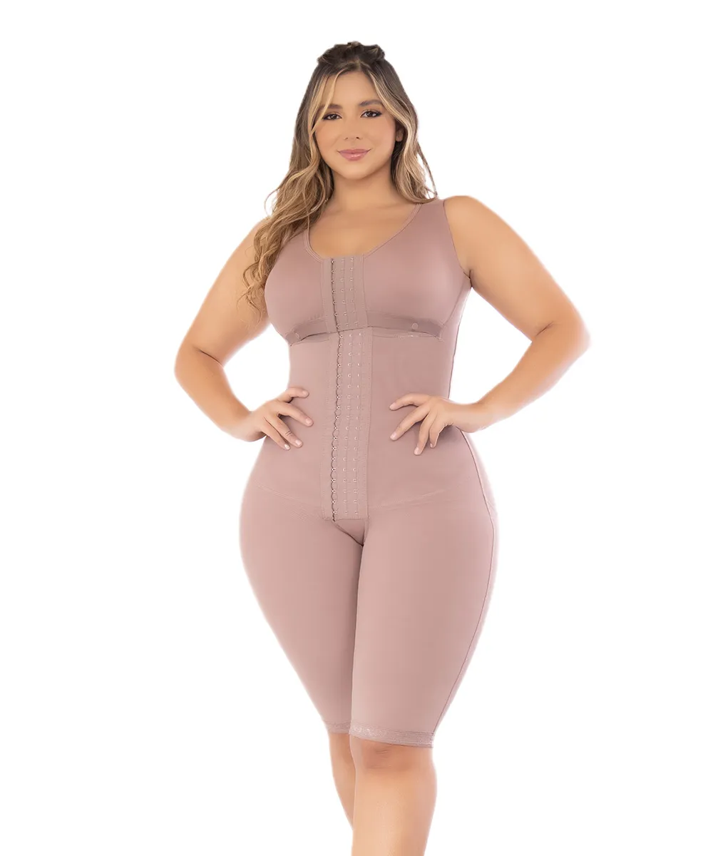 Post-surgical compression garment with knee-length bra, high compression
