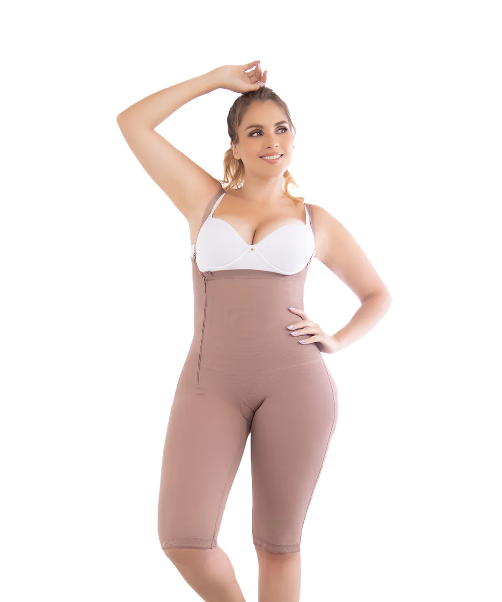 High compression post-surgical knee-length girdle with side closure and abdominal control