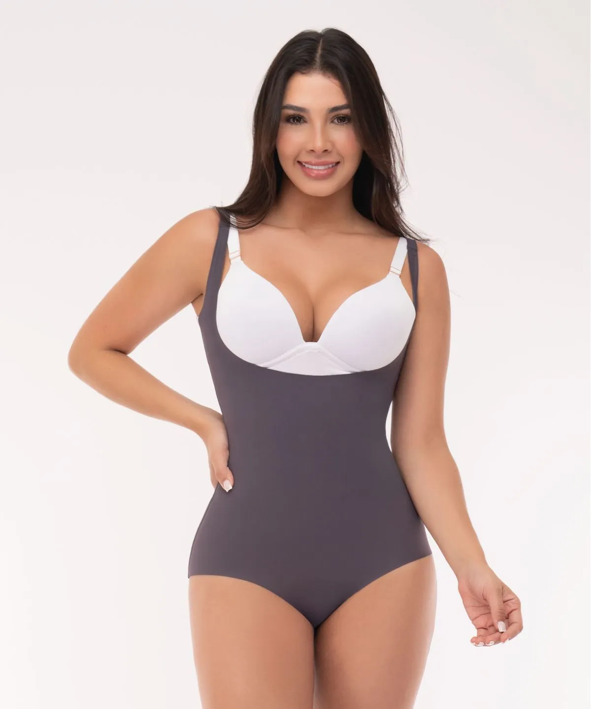Seamless open-bust invisible bodysuit with uniform compression in the abdomen and waist, gray color
