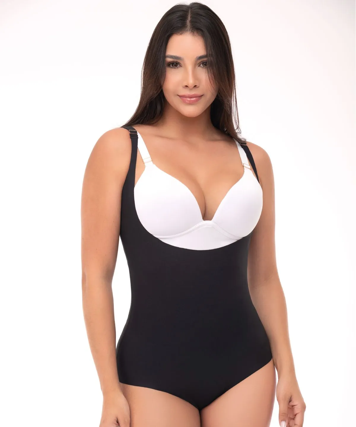 Seamless open-bust invisible bodysuit with uniform compression in the abdomen and waist, black